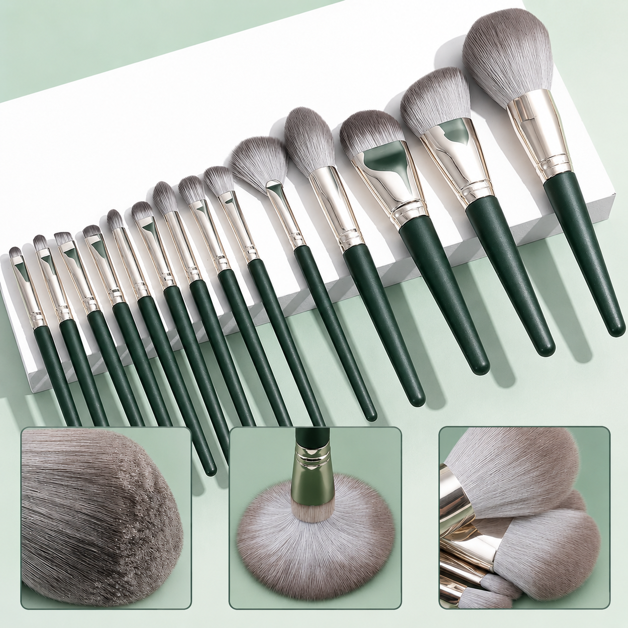 Professionaalne meigipintslite komplekt 14 tk, rohelised meigipintslid nailonharjastega