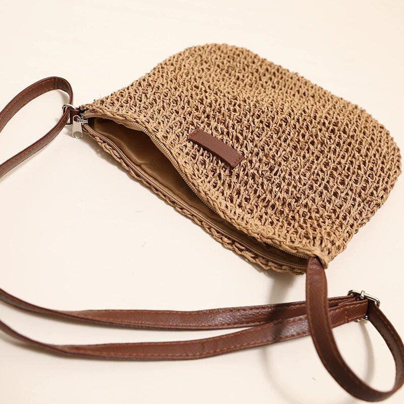 Punutud suvine õlakott naistele – boho stiilis kerge crossbody kott tõmblukuga, beež