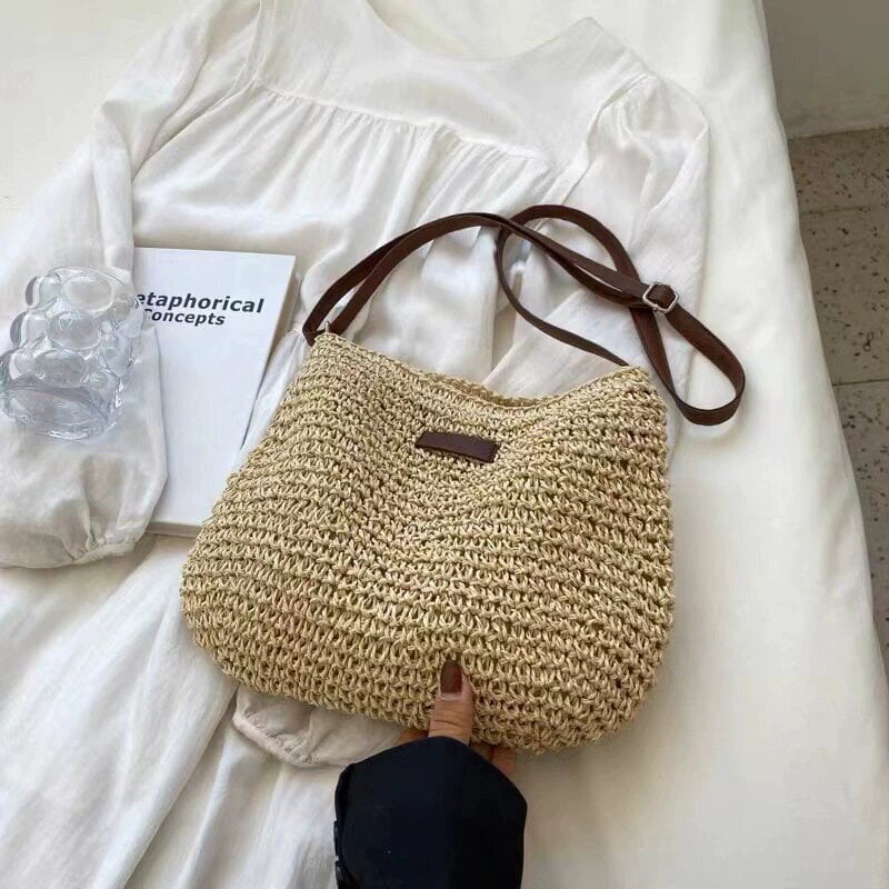 Punutud suvine õlakott naistele – boho stiilis kerge crossbody kott tõmblukuga, beež