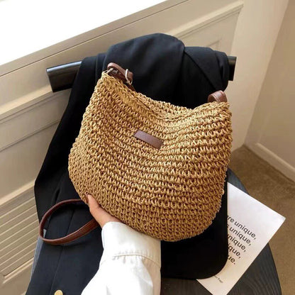 Punutud suvine õlakott naistele – boho stiilis kerge crossbody kott tõmblukuga, beež